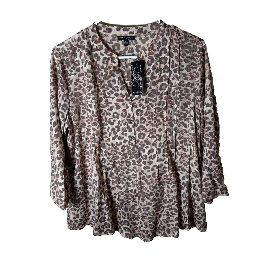 Ava & Grace Blouse Women's Petite Large Brown Printed 3/4 Sleeve Lightweight Top